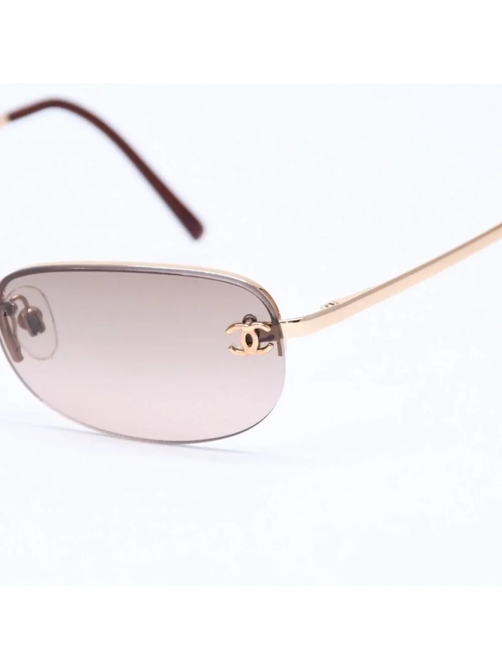 Chanel Half Rim Sunglasses Eyewear CC Logo Brown Gold